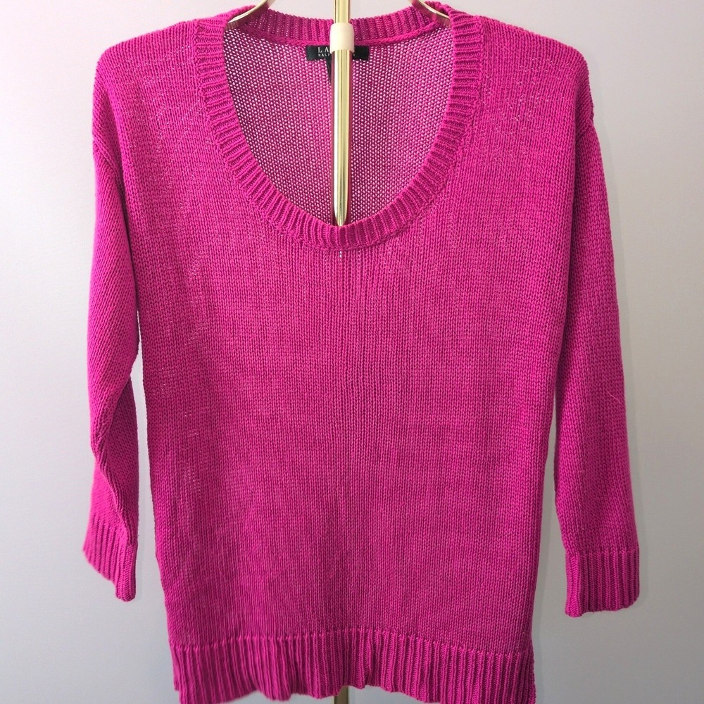 Lauren Ralph Lauren Women L Sweater Pink Scoop Neck 3/4 Sleeve Knit Slit Hem